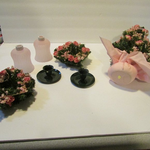 vtg Victorian Christmas ornaments with pink rose Xmas tree with 2 candle holder - Picture 9 of 9